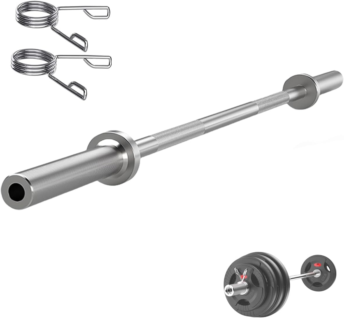Barra Olimpica de Ejercicio Profesional 1.2M, Barra Recta para Levantamiento de Pesas con 2 Sujetador, Entrenamiento Fuerza Casa Gimnasio Crossfit Olympic Dumbbell Bar con Mango Rotativo, Hasta 330lbs