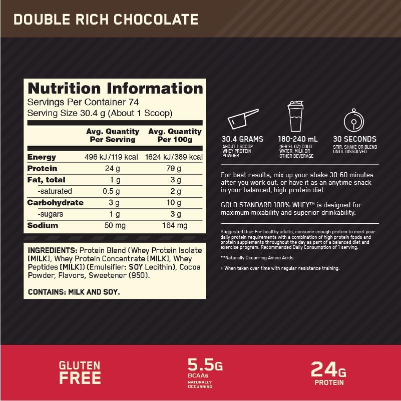 Optimum Nutrition Gold Standard 100% Whey, Proteína En Polvo Sabor Doble Chocolate, 2 Lb