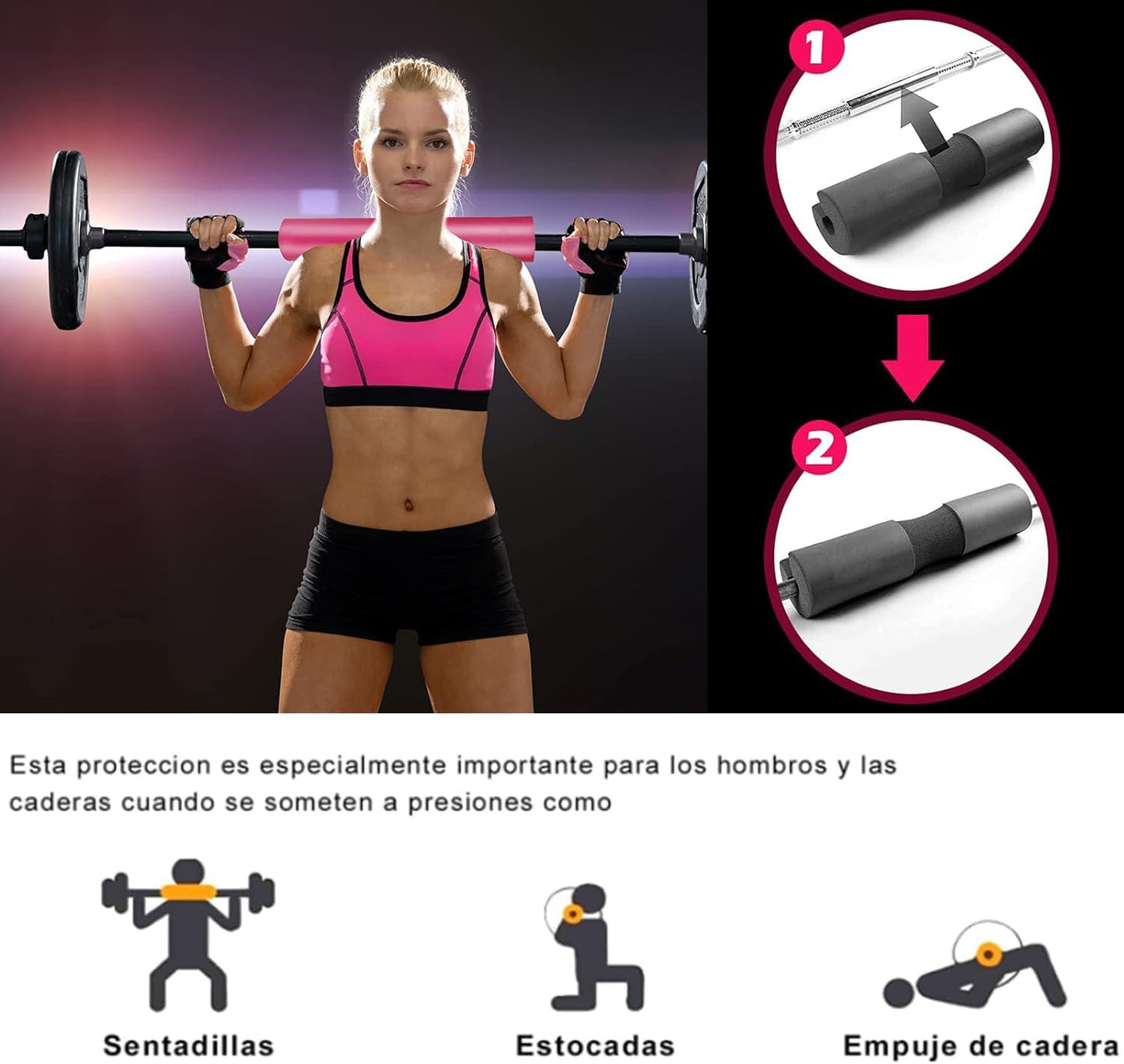 NEWYOUTH Kit Ejercicio 3 en 1, Almohadilla para Barra Gym||Grilletes para Tobillo de Fitness||Bandas Elasticas Resistencia, para Ejercicios Gluteos Cadera Piernas Brazos Yoga Pilates Fitness(Rosa)