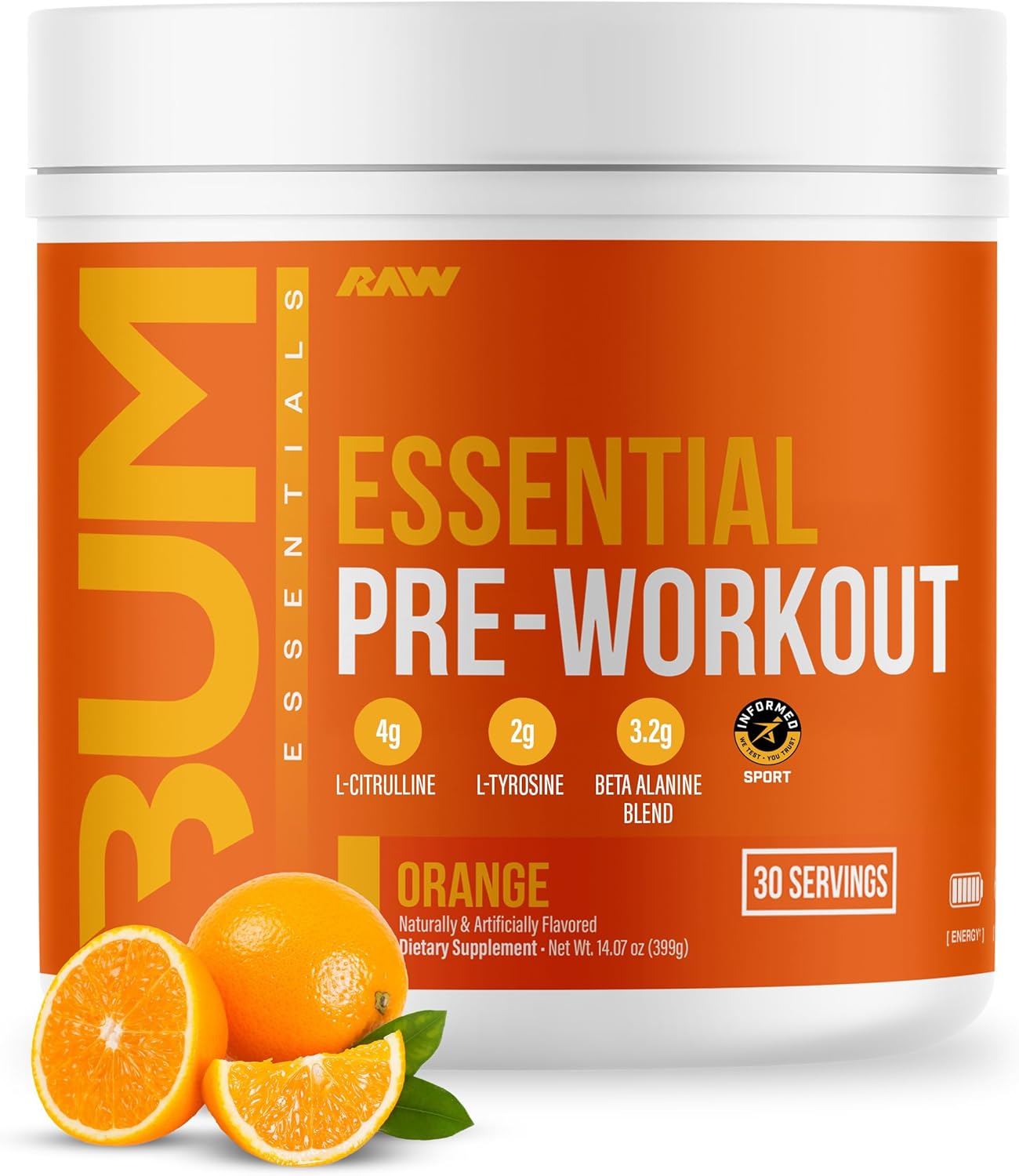 Raw cbum essential pre workout pre entrenamiento 30 servicios sabor naranja