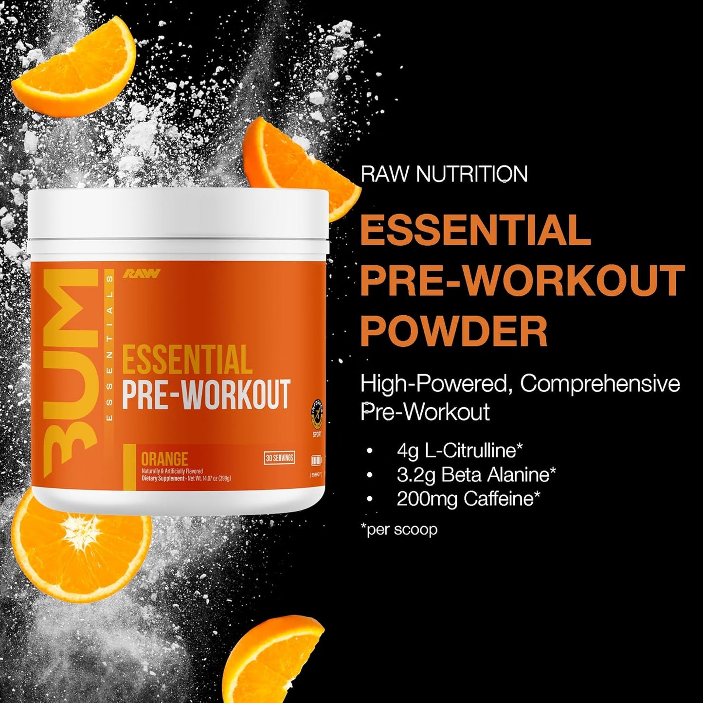 Raw cbum essential pre workout pre entrenamiento 30 servicios sabor naranja