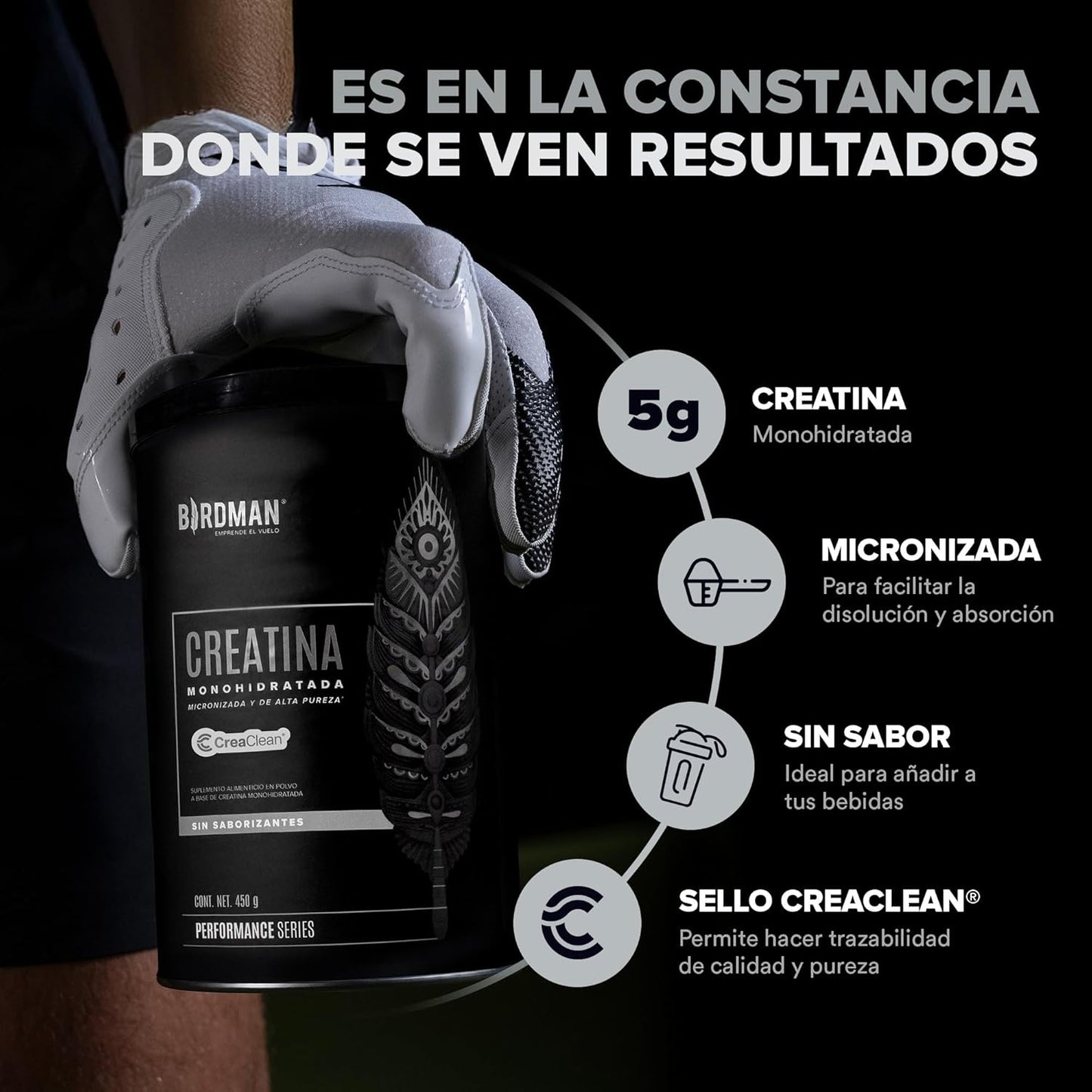BIRDMAN Creatina Monohidratada de Alta Pureza En Polvo Sin Sabor, Preworkout, Alto Rendimiento | 90 Servicios | 450g.