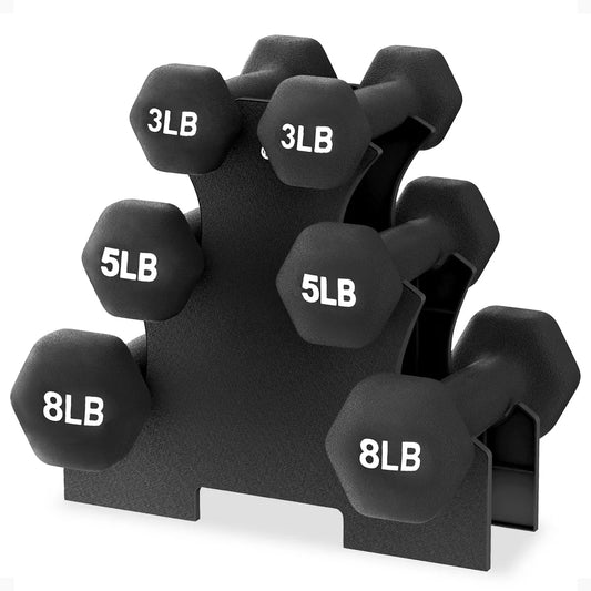 Balancefrom Fitness 32 Pound Neoprene Coated Cast Iron Dumbbell Exercise Workout Set with Stand, 3 Pairs of 3, 5, and 8 Pound Weights, Black