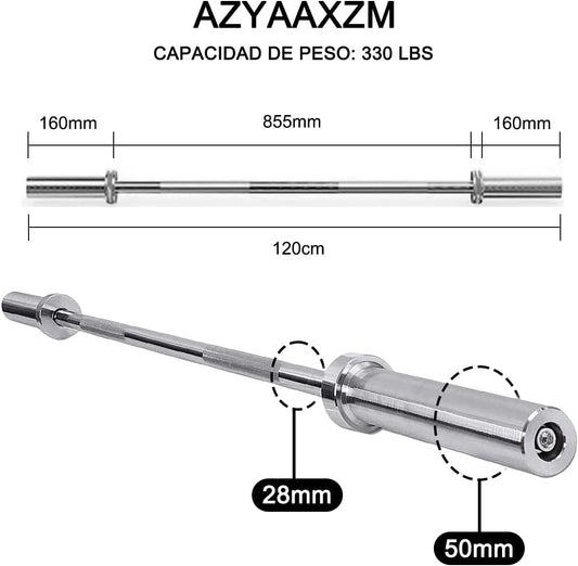 Barra Olimpica de Ejercicio Profesional 1.2M, Barra Recta para Levantamiento de Pesas con 2 Sujetador, Entrenamiento Fuerza Casa Gimnasio Crossfit Olympic Dumbbell Bar con Mango Rotativo, Hasta 330lbs