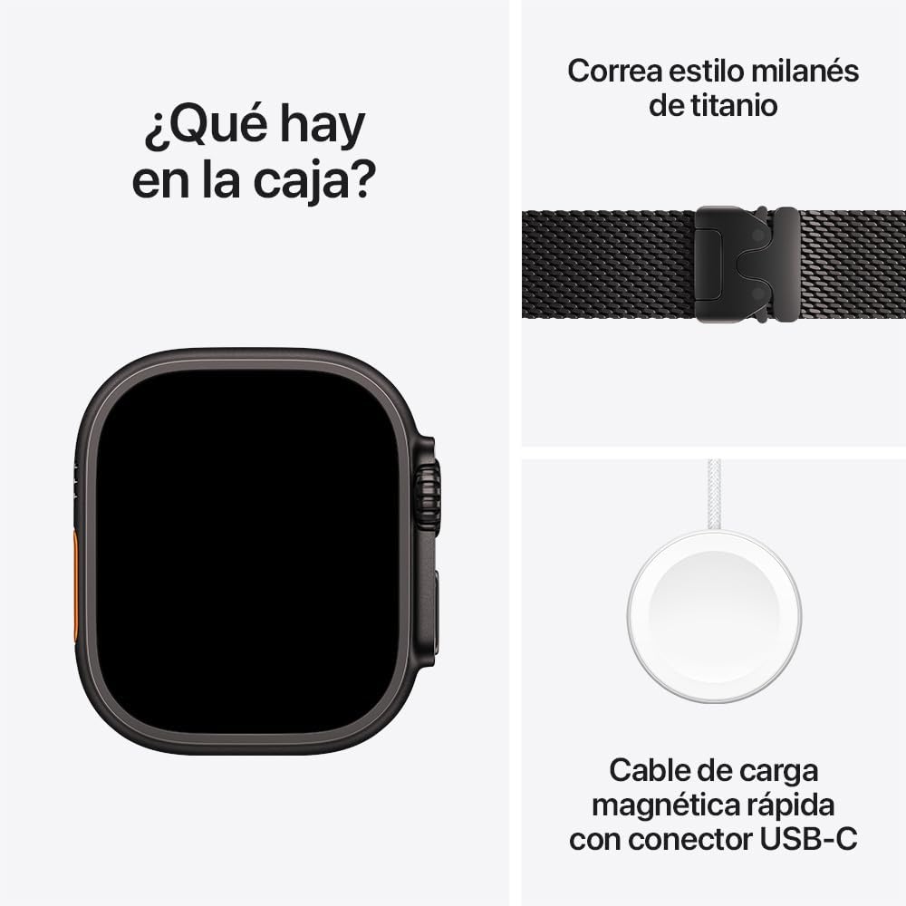 Apple Watch Ultra 3 [GPS + Cellular] con Caja de Titanio Negro de 49 mm y Correa Estilo milanés de Titanio Negro - M (Smartwatch Premium para Carreras y Multideporte). Comunicación satelital.
