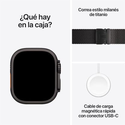 Apple Watch Ultra 3 [GPS + Cellular] con Caja de Titanio Negro de 49 mm y Correa Estilo milanés de Titanio Negro - M (Smartwatch Premium para Carreras y Multideporte). Comunicación satelital.