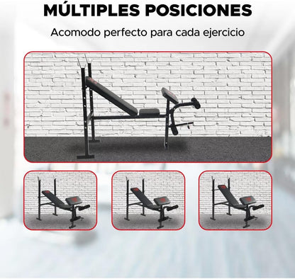 Banca de Pesas Profesional 300 kg – 3 Niveles (Plano, Inclinado, Declinado) + Soporte para Piernas – Estructura de Acero Reforzado, Ideal para Press Banca y Abdominales