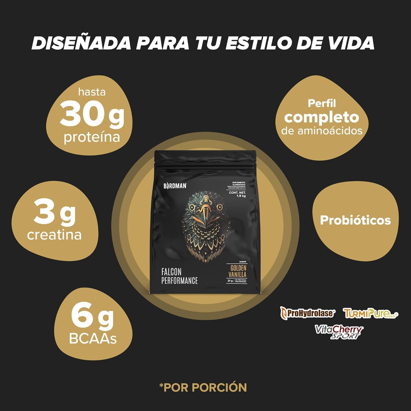 Birdman Falcon Performance Proteina Premium En Polvo, 30gr proteina, 3gr Creatina, 45 Porciones Sabor Golden Vanilla 1.9Kg
