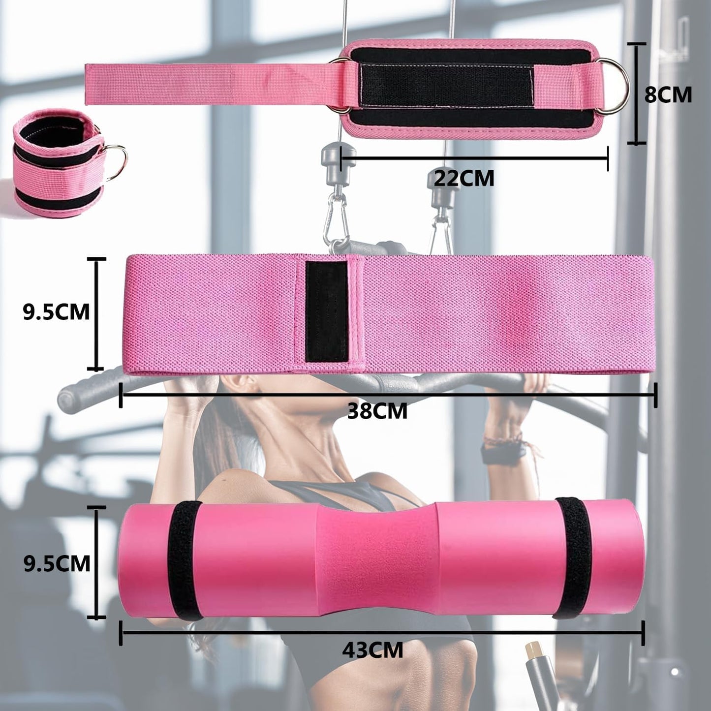 NEWYOUTH Kit Ejercicio 3 en 1, Almohadilla para Barra Gym||Grilletes para Tobillo de Fitness||Bandas Elasticas Resistencia, para Ejercicios Gluteos Cadera Piernas Brazos Yoga Pilates Fitness(Rosa)