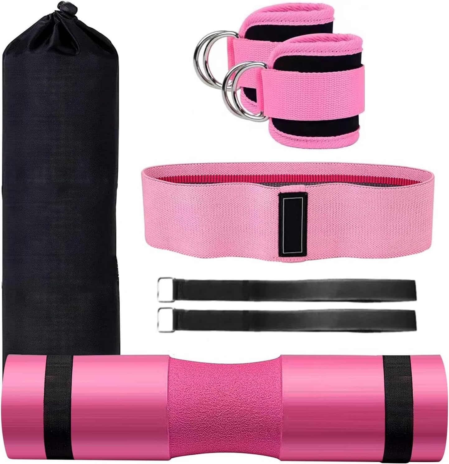 NEWYOUTH Kit Ejercicio 3 en 1, Almohadilla para Barra Gym||Grilletes para Tobillo de Fitness||Bandas Elasticas Resistencia, para Ejercicios Gluteos Cadera Piernas Brazos Yoga Pilates Fitness(Rosa)