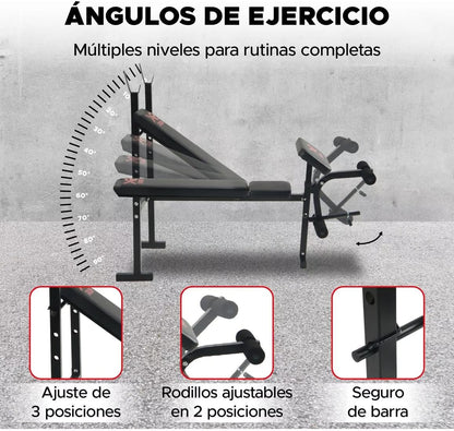 Banca de Pesas Profesional 300 kg – 3 Niveles (Plano, Inclinado, Declinado) + Soporte para Piernas – Estructura de Acero Reforzado, Ideal para Press Banca y Abdominales