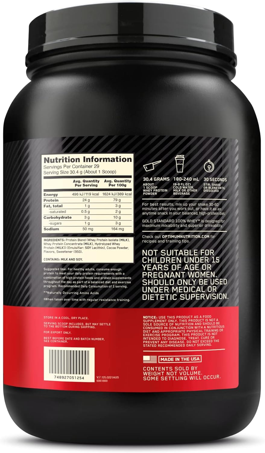 Optimum Nutrition Gold Standard 100% Whey, Proteína En Polvo Sabor Doble Chocolate, 2 Lb