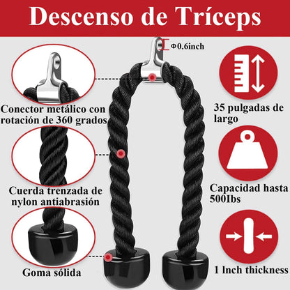PERFECTOP Accesorios de Polea de Cable para Ejercicio en Casa,Combo de Accesorios para Poleas de Gym, Agarres y Equipos de Gimnasio,Mango en D, Cuerda de tríceps y 3 Alpinistične zaponke