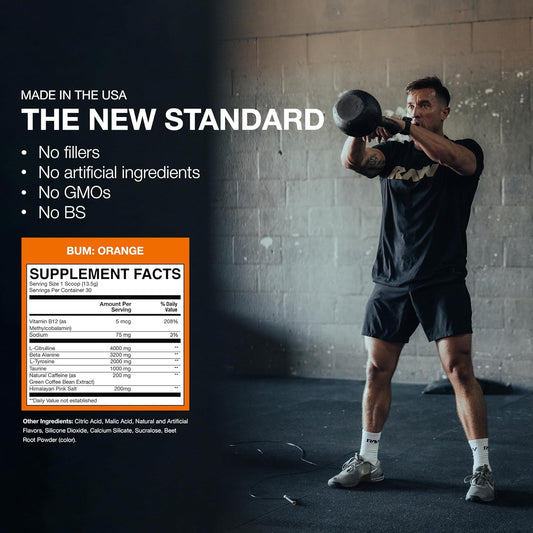 Raw cbum essential pre workout pre entrenamiento 30 servicios sabor naranja