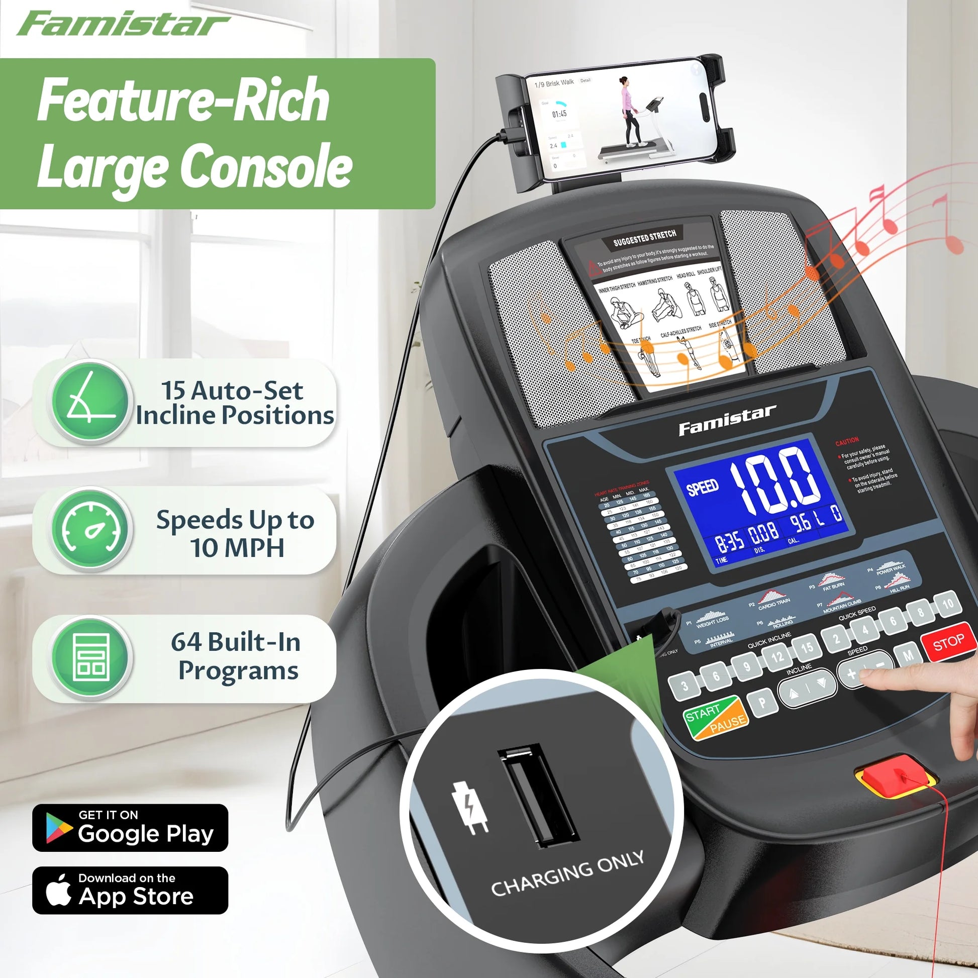 5.0HP Folding Treadmill for Home with 15 Auto Incline, Smart APP, 300Lbs, Hifi Bluetooth Speakers, 64 Programs, 10MPH Speed, Foldable Electric Treadmill Running Machine, Knee Strap Gift