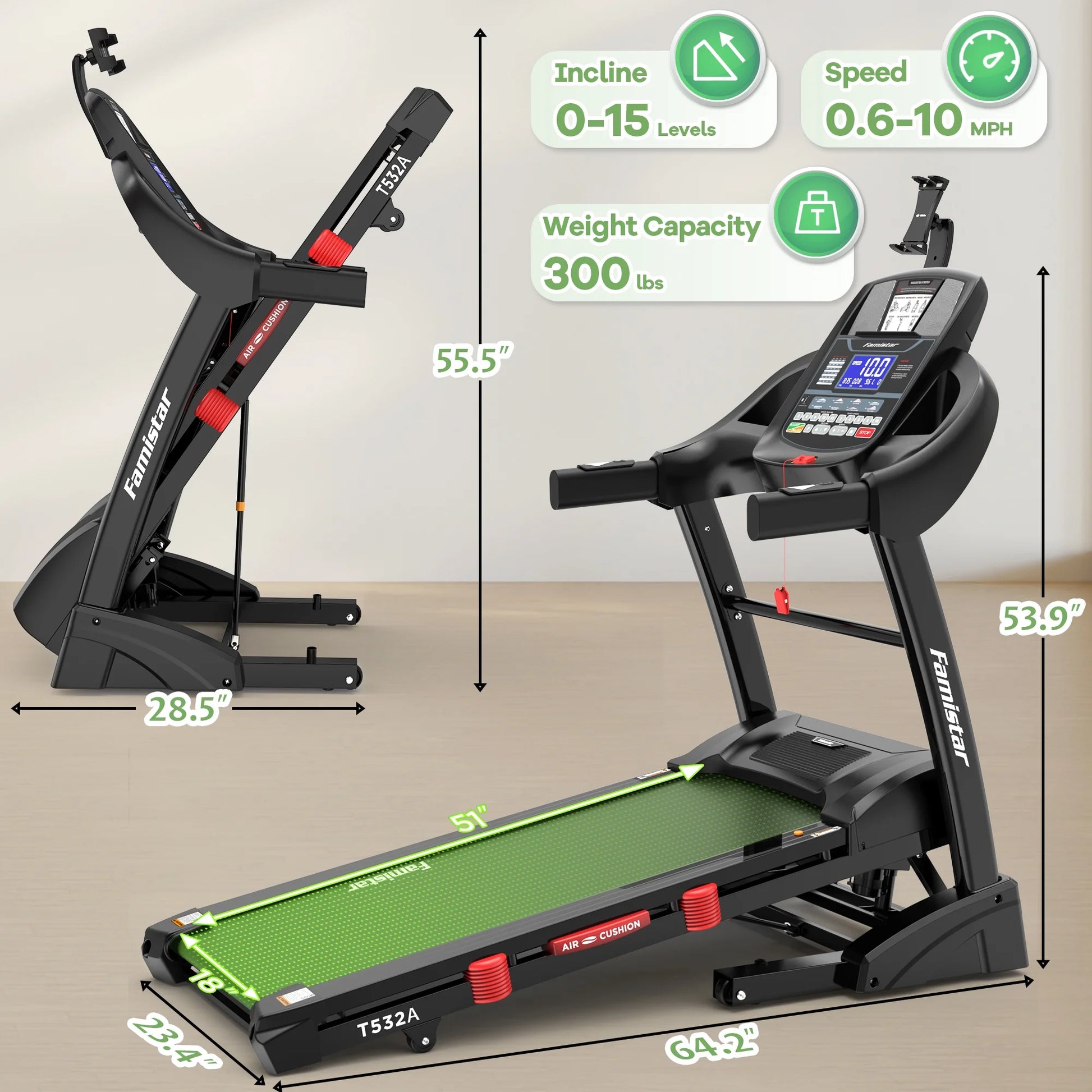 5.0HP Folding Treadmill for Home with 15 Auto Incline, Smart APP, 300Lbs, Hifi Bluetooth Speakers, 64 Programs, 10MPH Speed, Foldable Electric Treadmill Running Machine, Knee Strap Gift