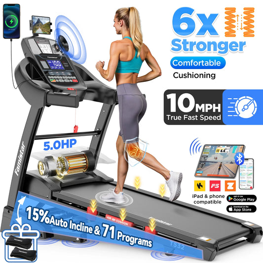 5.0HP Folding Treadmill for Home with 15 Auto Incline, Smart APP, 300Lbs, Hifi Bluetooth Speakers, 64 Programs, 10MPH Speed, Foldable Electric Treadmill Running Machine, Knee Strap Gift