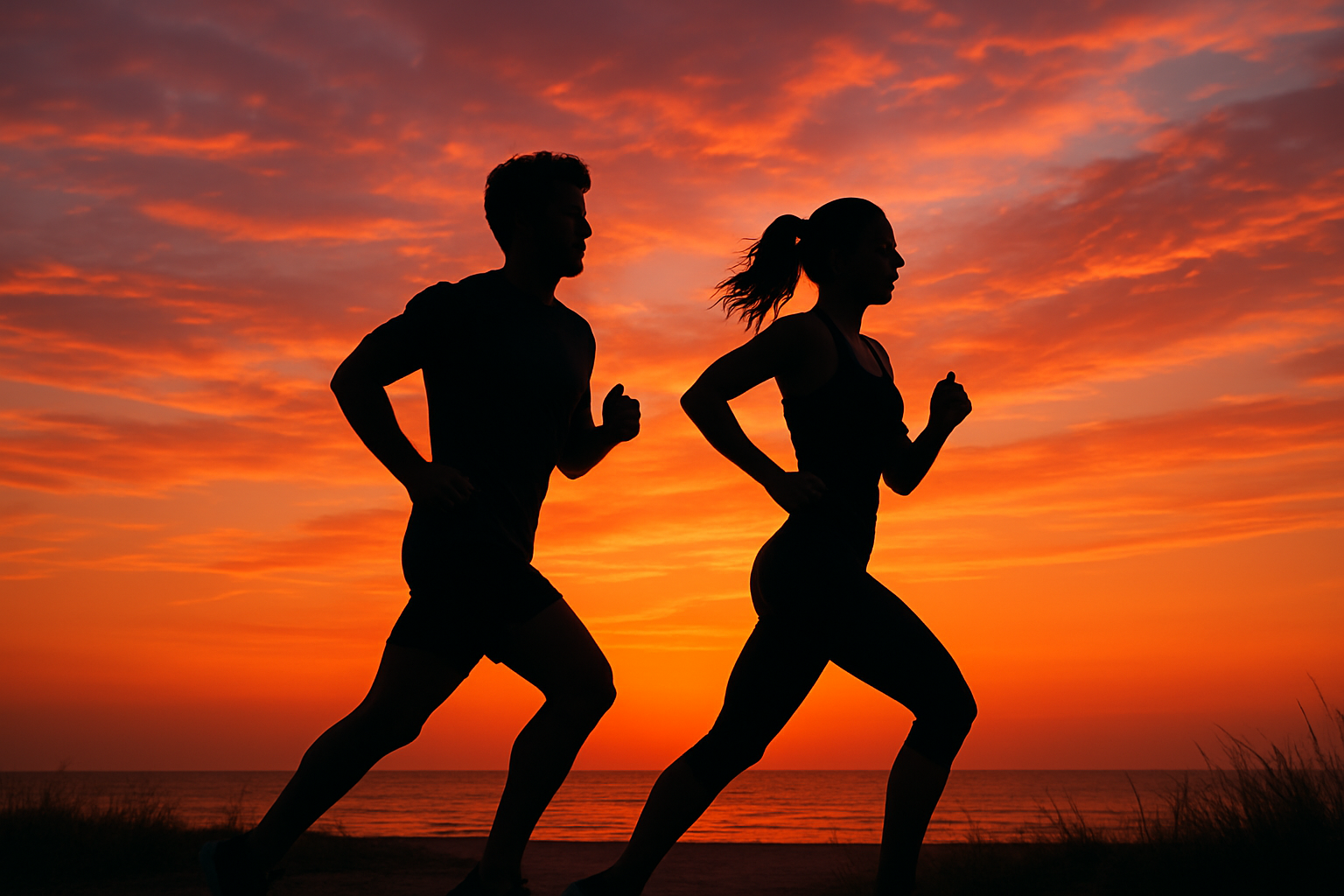 genera una imagen de una puesta de sol de dos personas corriendo que reperesenten gym fitness para una portada de una pagina dedicada al gym 
